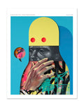 In 2018 Hashimoto Contemporary Annual by Paragon Books, a digital artwork features a graffiti-style figure with a hand over its mouth. Exhibited in San Francisco, it showcases a bright yellow head with red dots on a blue background and an abstract speech bubble on the left.