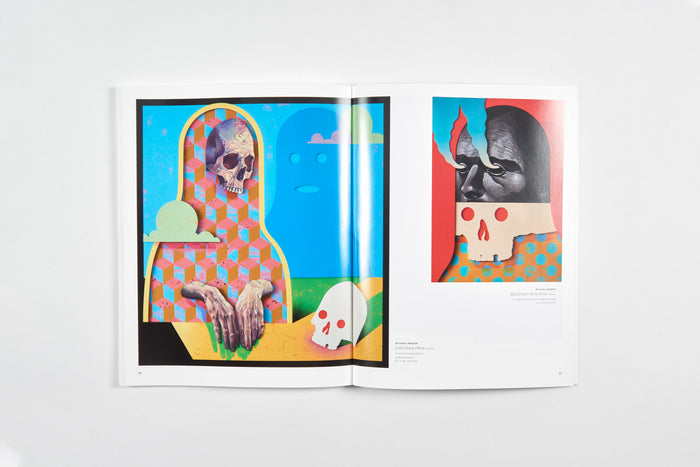 The 2018 Hashimoto Contemporary Annual by Paragon Books showcases vibrant artwork. On the left is a geometric-patterned skeleton beneath a cloud, and on the right, a bold stylized skull. Artist names and artwork titles complete this captivating display from the San Francisco gallery.