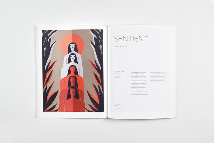 A 2018 San Francisco magazine features an illustration of five stylized figures in bold red, black, and white geometric shapes. Opposite this is Sentient, highlighting solo and group exhibitions from Hashimoto Contemporary. Found in the 2018 Hashimoto Contemporary Annual by Paragon Books.