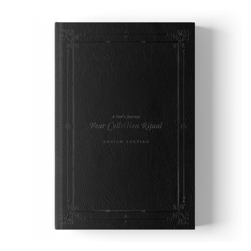 A leather-bound book titled A Fools Journey: Fear Collection Ritual by Lucien Shapiro, featuring ornate embossed decorative borders.