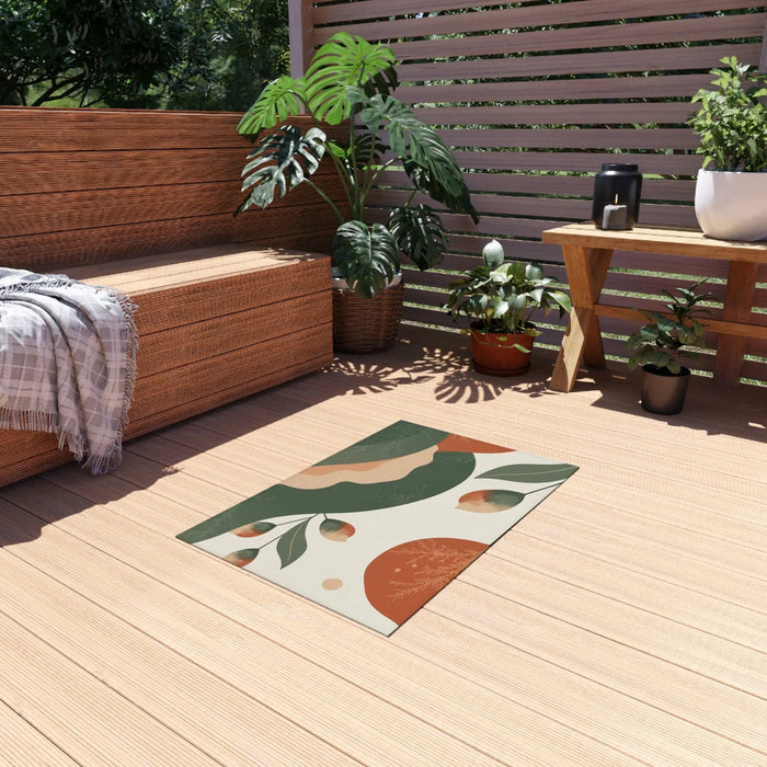 Abstract Botanical Outdoor Rug — Green & Terracotta Patio Mat - FloofChonk