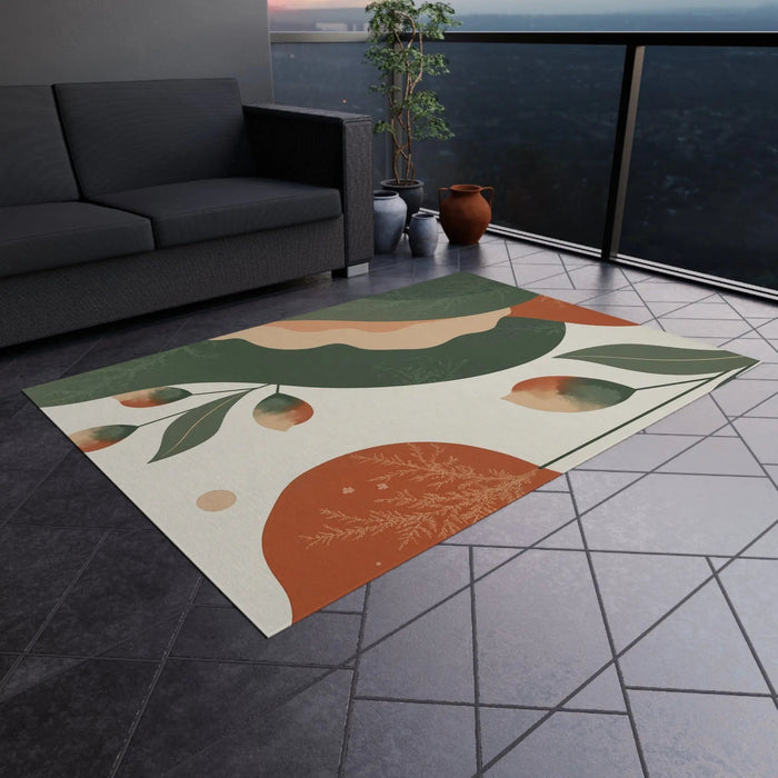 Abstract Botanical Outdoor Rug — Green & Terracotta Patio Mat - FloofChonk