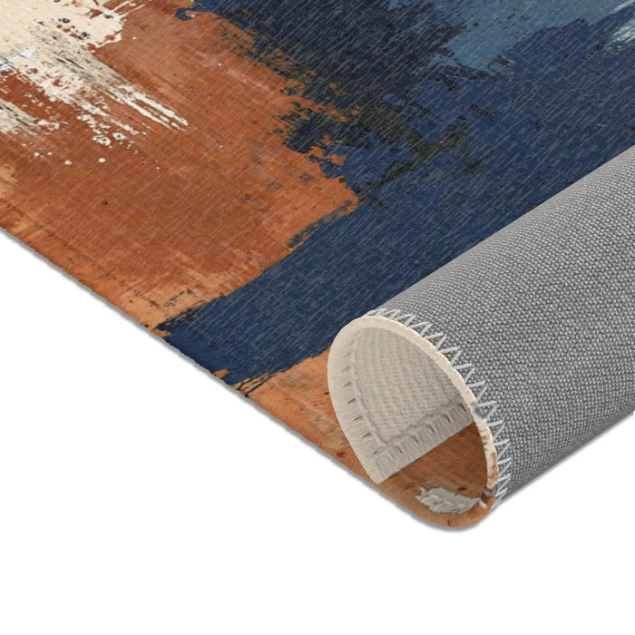Abstract Coastal Brushstroke Area Rug — Blue & Rust Modern Accent Rug - FloofChonk