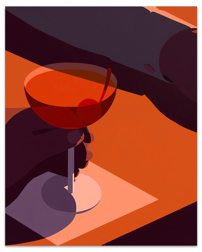 The Cherry print by Adrian Kay Wong showcases a hand with a cocktail glass, featuring a red drink and cherry against an abstract orange and dark red background, capturing the modern minimalist style typical of this limited edition archival pigment print.