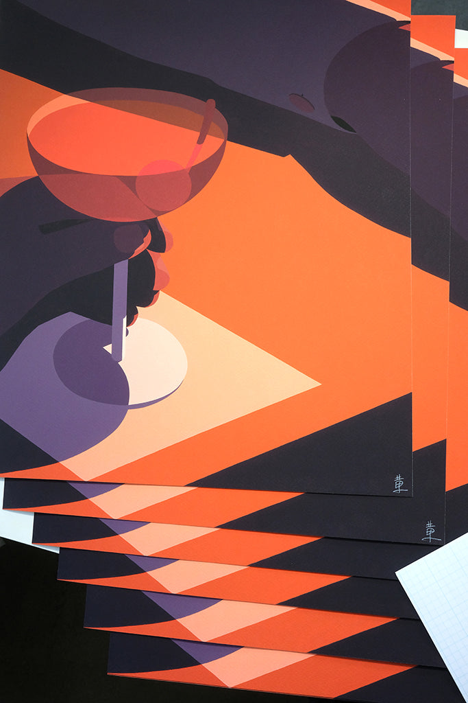This limited edition archival pigment print, Cherry by Adrian Kay Wong, features stylized artwork of a hand holding a cocktail glass filled with orange liquid and a cherry. Bold shades of orange, purple, and black create a striking geometric abstract effect.