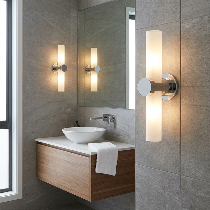 Modern chrome twin arm wall light with white opal glass cylinders illuminating a tiled bathroom vanity area.