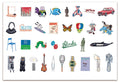 A vibrant grid of illustrated objects—including lamps, buildings, superheroes, animals, books, dice, musical instruments, and pop culture icons—spans a white background in "Multiples 2," a limited edition archival pigment print by Andrew Watch. Each detail is rendered with exceptional clarity true to the artist's signature style.