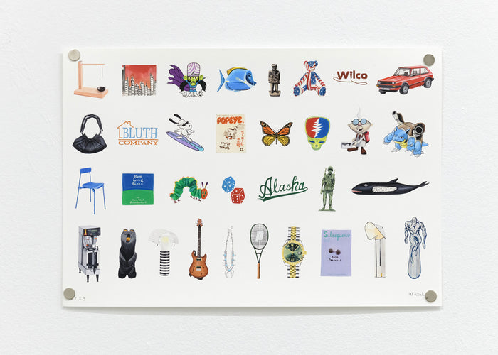 Multiples 2" by Andrew Watch is a limited edition print featuring a white poster with a grid of colorful, cartoon-style drawings—ranging from animals and objects to food and pop culture references—each set in its own square. Presented on a white wall with four round magnets, this vibrant artwork is produced using high-quality archival pigment print techniques.