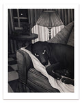 Angela Fang Zirbes presents a stunning black and white limited edition print titled Dog on Couch, illustrating a serene dog lounging on a sofa in moonlit tranquility, with accompanying furniture like a lamp, framed photo, and curtains.