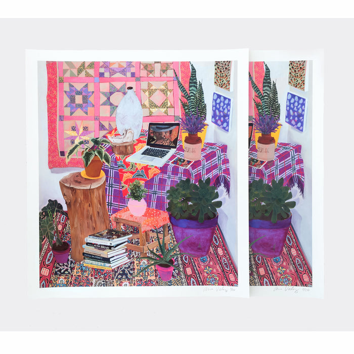 A colorful still life showcases quilts, potted plants, books, and a laptop on a plaid tablecloth. A vibrant rug complements the decor, with two identical limited edition Anna Valdez - References archival pigment prints displayed side by side.