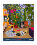The Anna Valdez - Ways of Seeing print, a limited edition archival pigment print, portrays a vibrant still life of a desk with colorful plants, books, trinkets, and scattered art supplies. Each piece is signed and numbered by artist Anna Valdez.