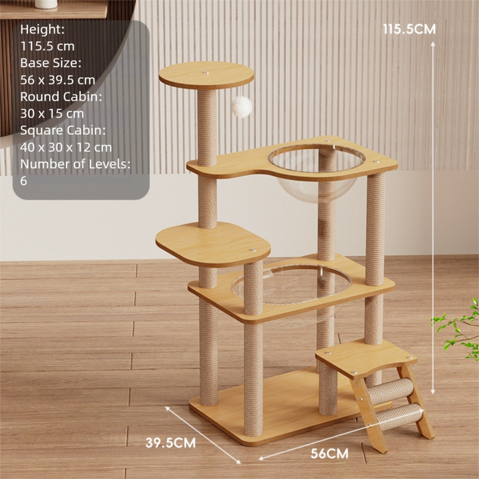 Arbre à chat en bois de 115 cm de haut avec deux capsules spatiales