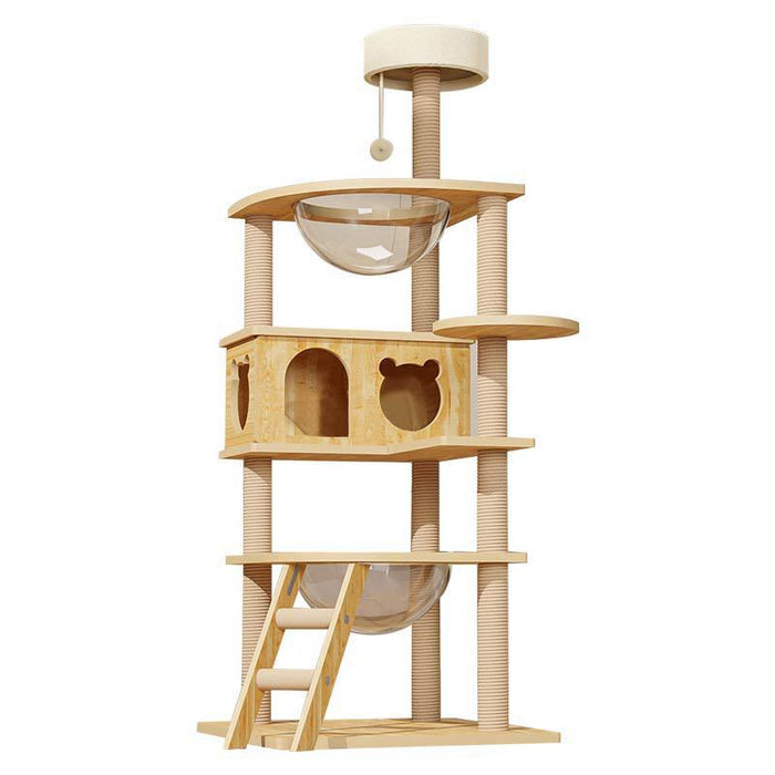 Arbre à chat moderne en bois de 145 cm avec niche et perchoir en peluche