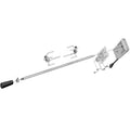 Stainless steel rotisserie kit with black handle, interchangeable prongs, and motorized spit rod for BBQ grills
