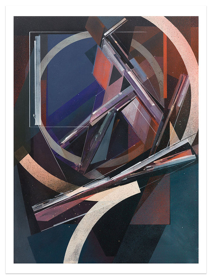 Augustine Kofie - "Dodge&Move" print features abstract geometric artwork with overlapping rectangles, arcs, and lines in shades of blue, purple, brown, and beige, creating a sense of motion and layered depth. This limited edition archival pigment print is signed and numbered by the artist Augustine Kofie.