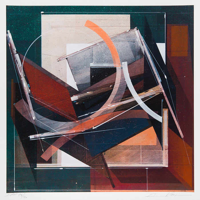 Augustine Kofie - "Pyledriver" print by Augustine Kofie showcases abstract geometric artwork with overlapping angular forms in red, brown, gray, and black, intersected by translucent white curved lines against a dark background. Offered as an archival pigment print, this piece delivers exceptional depth and tonal richness.