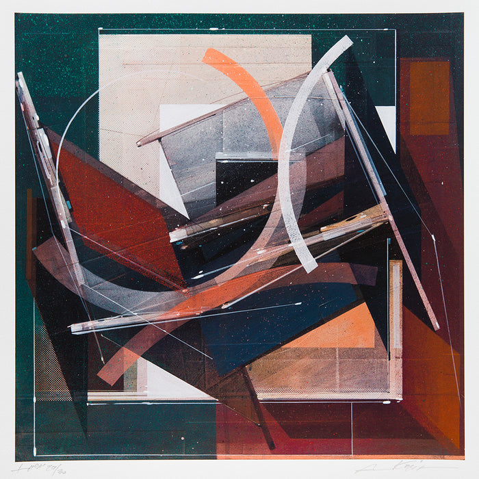 Augustine Kofie’s "Pyledriver" print features abstract geometric artwork composed of overlapping rectangles, lines, and curved shapes in shades of red, gray, black, and white. This layered composition creates a dynamic sense of movement and depth. Produced as an archival pigment print by Augustine Kofie, the piece captures the richness of detail and vibrant contrasts found in the original work.