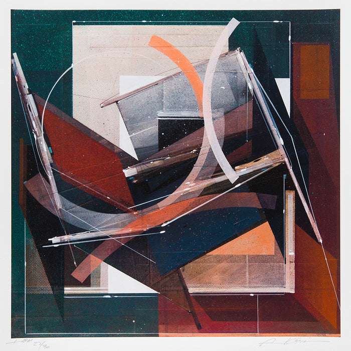 Augustine Kofie - "Pyledriver" print by Augustine Kofie features abstract geometric artwork with overlapping shapes in brown, orange, black, and white. Curved and straight lines intersect against a textured background, creating a layered, dynamic composition. Presented as a limited edition print.