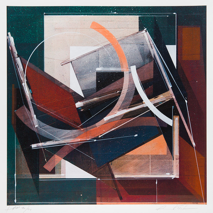 Augustine Kofie - "Pyledriver" print by Augustine Kofie showcases abstract geometric artwork with overlapping shapes in shades of orange, brown, black, and white. Angular and curved lines intersect on a textured background, capturing intricate hand-painted detail in this limited edition. The high-quality archival pigment print ensures the original's complexity is faithfully reproduced.