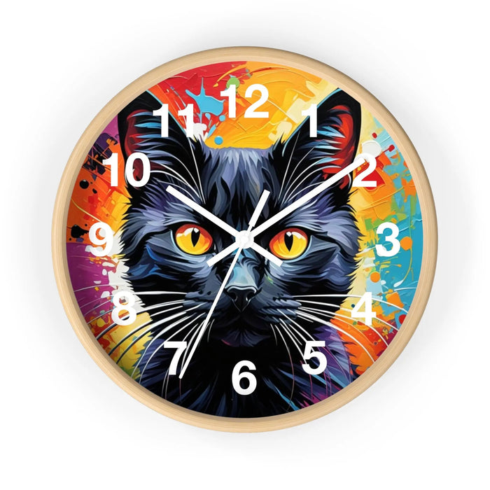 Black Cat Wall Clock — Colorful Pop Art Cat Clock with Yellow Eyes - FloofChonk