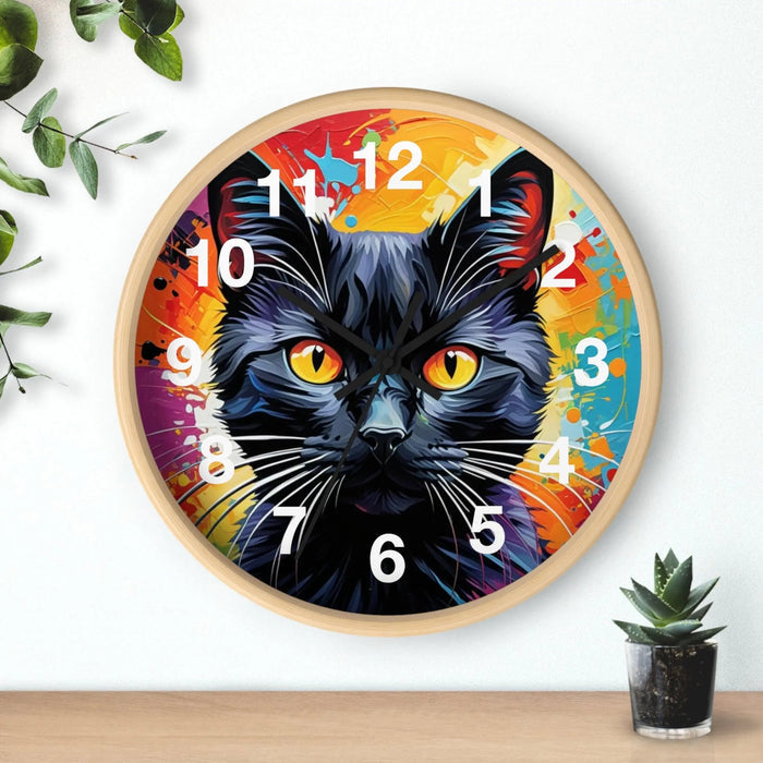 Black Cat Wall Clock — Colorful Pop Art Cat Clock with Yellow Eyes - FloofChonk