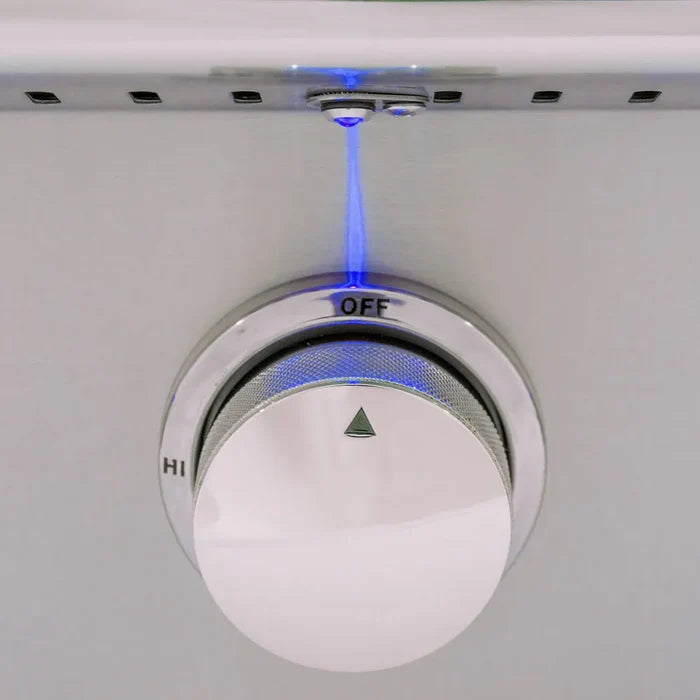 Ceiling-mounted outdoor kitchen heat lamp with blue LED lights and white dial control knob marked OFF and HI setting