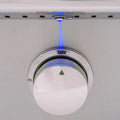 Ceiling-mounted outdoor kitchen heat lamp with blue LED lights and white dial control knob marked OFF and HI setting