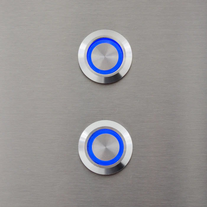 Two stainless steel LED push button switches with blue illuminated rings on brushed steel panel