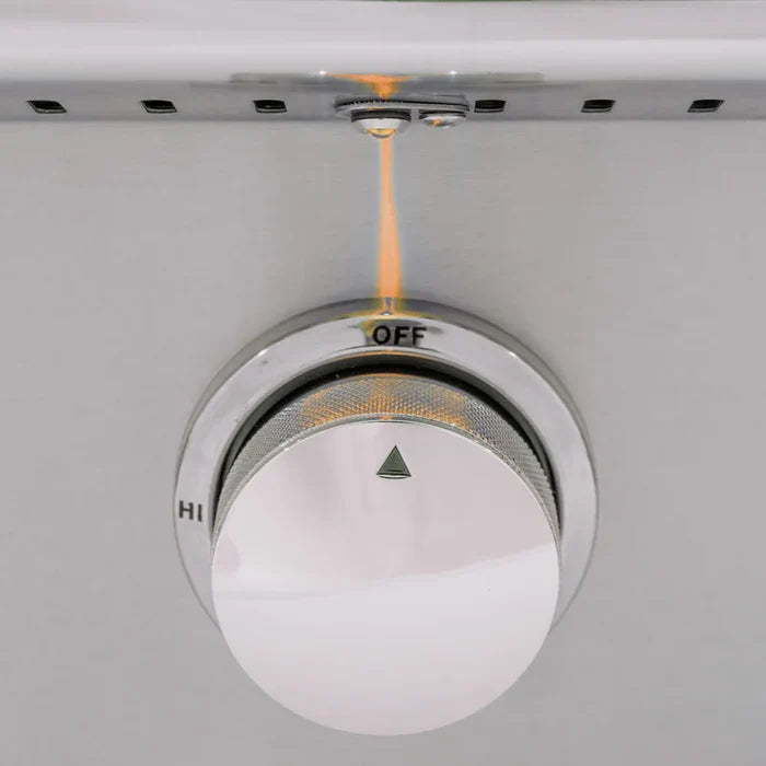 Stainless steel outdoor heater with amber LED lights, rotary control knob set to off position