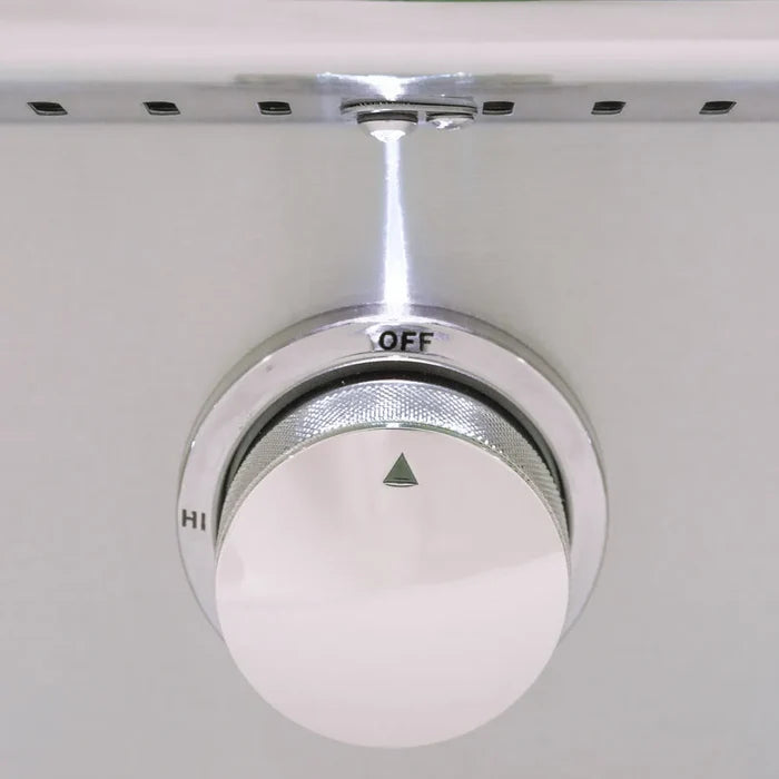Stainless steel ceiling-mount light fixture with white dial knob, OFF and HI settings, and metal mesh diffuser