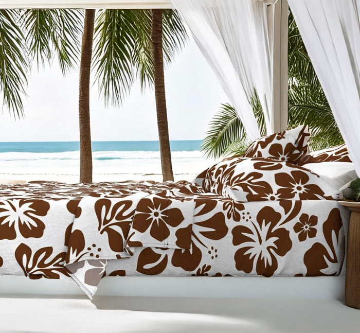 Chocolate Brown Hawaiian Flowers on White Sheet Set from Surfer Bedding™️ Medium Scale - Extremely Stoked