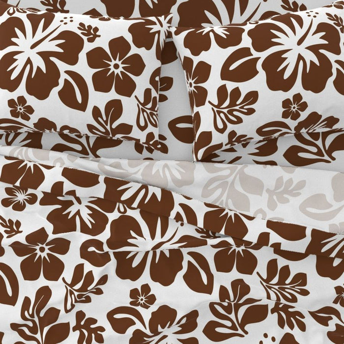 Chocolate Brown Hawaiian Flowers on White Sheet Set from Surfer Bedding™️ Medium Scale - Extremely Stoked