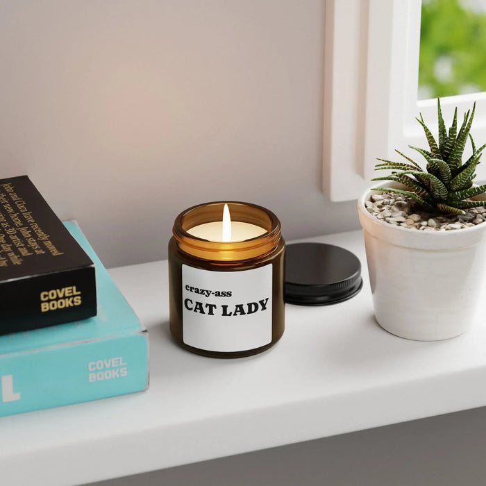 Candle: Crazy Ass Cat Lady Scented Soy Candle (Multi - Size, Amber Jar) - FloofChonk