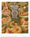 Carlos Rodriguez presents a limited edition archival pigment print titled Cupids Garden, featuring people on striped towels, a central stone statue amid lush trees. Some individuals relax in swimsuits with beverages, while another reads.