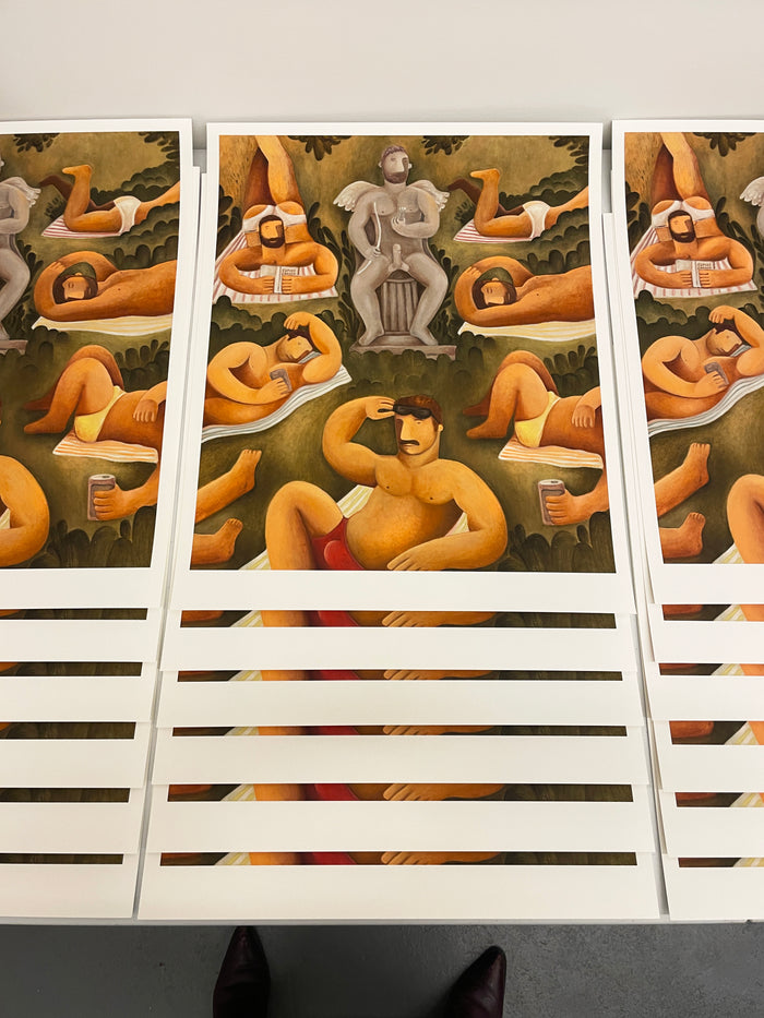 Carlos Rodriguezs Cupids Garden print depicts figures lounging outdoors, including one with sunglasses and another holding a drink among lush greenery and abstract shapes. Each limited edition archival pigment print is arranged in a row for visual appeal.