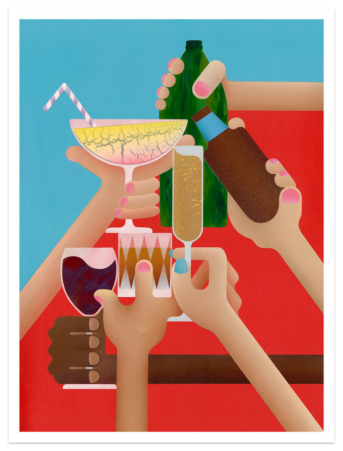 Six hands holding an array of beverages—including cocktails, wine, beer, and champagne—come together in a lively toast against a vivid red and blue backdrop in Casey Gray's "Cheers" print. This vibrant archival pigment print is presented as a limited edition, with each piece signed and numbered by the artist Casey Gray.