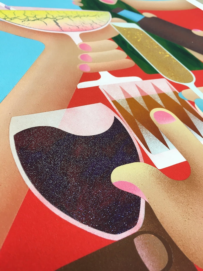 Casey Gray's "Cheers" print features an illustration of hands with pink fingernails holding an array of drinks—wine, beer, and cocktails—set against a bold red backdrop, with lively colors capturing the spirit of celebration. This striking scene is offered as a signed and numbered limited edition archival pigment print by Casey Gray.