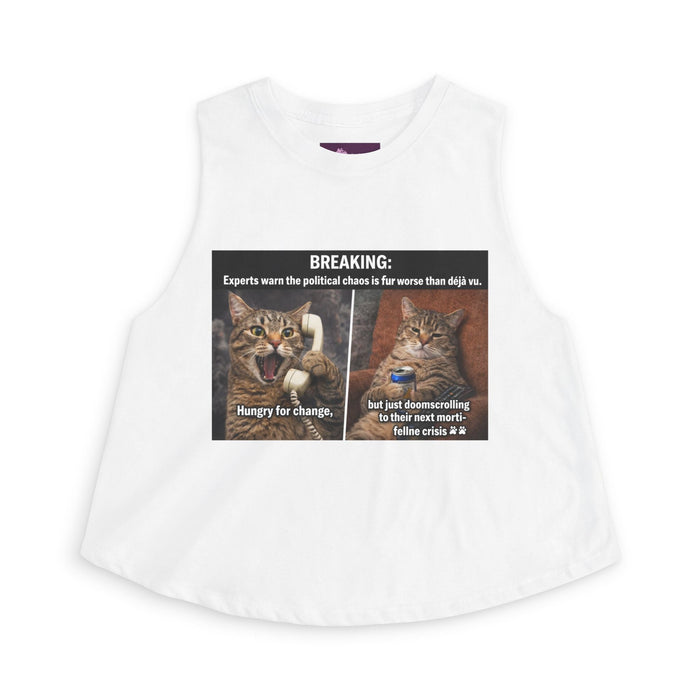 Cat Meme Crop Top — "BREAKING: Experts warn..." Humorous Political Chaos Graphic - FloofChonk