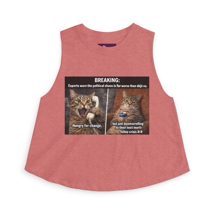 Cat Meme Crop Top — "BREAKING: Experts warn..." Humorous Political Chaos Graphic - FloofChonk