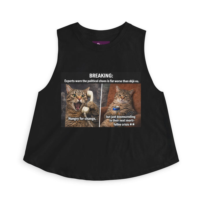 Cat Meme Crop Top — "BREAKING: Experts warn..." Humorous Political Chaos Graphic - FloofChonk