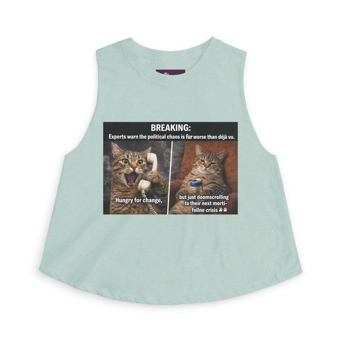 Cat Meme Crop Top — "BREAKING: Experts warn..." Humorous Political Chaos Graphic - FloofChonk