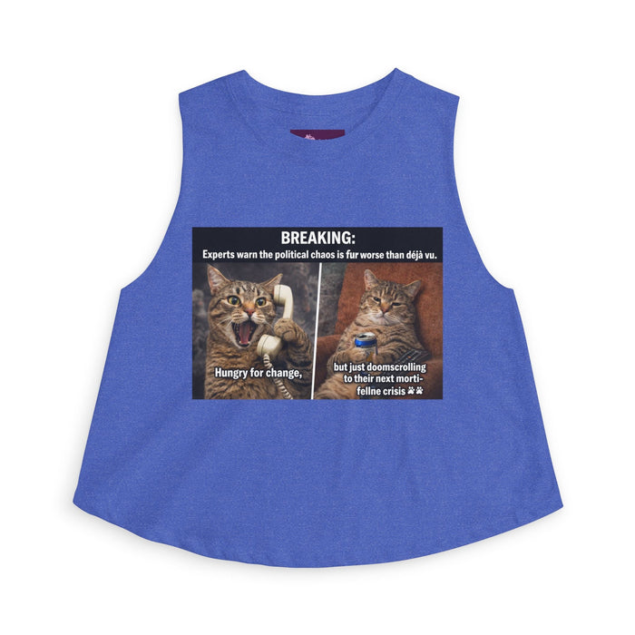 Cat Meme Crop Top — "BREAKING: Experts warn..." Humorous Political Chaos Graphic - FloofChonk