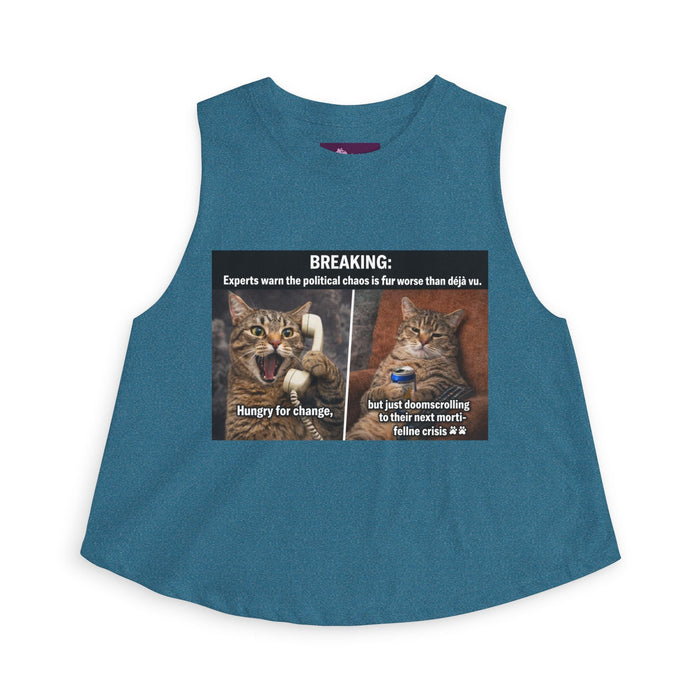 Cat Meme Crop Top — "BREAKING: Experts warn..." Humorous Political Chaos Graphic - FloofChonk