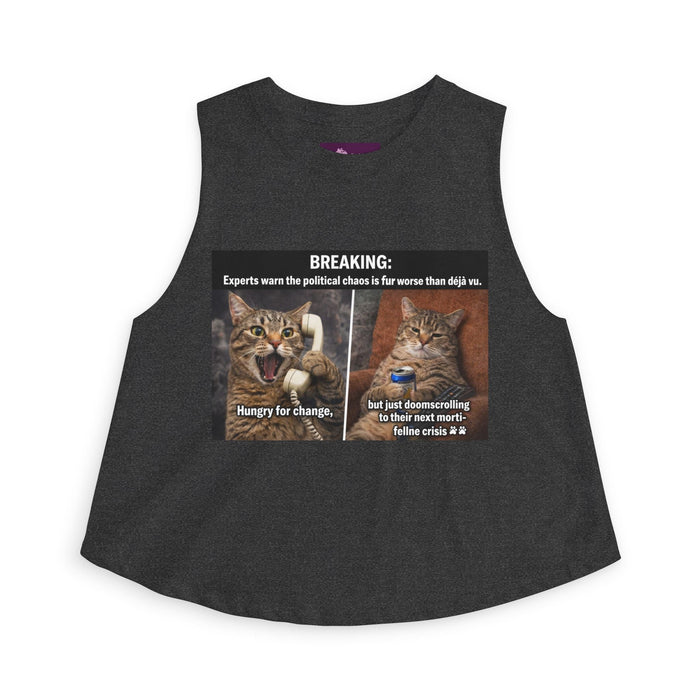Cat Meme Crop Top — "BREAKING: Experts warn..." Humorous Political Chaos Graphic - FloofChonk