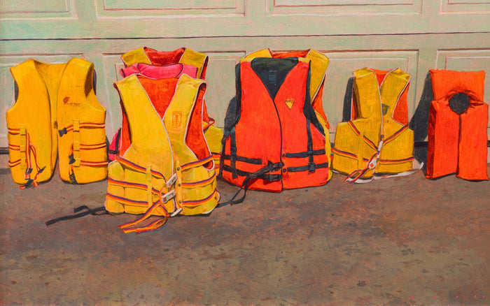 The Charity Postcard by Pat Perry showcases a vibrant Craigslist Still Life 11 painting with four life jackets in shades of orange and yellow, black straps against a light wall, and resting on a gray floor, symbolizing safety and solidarity.