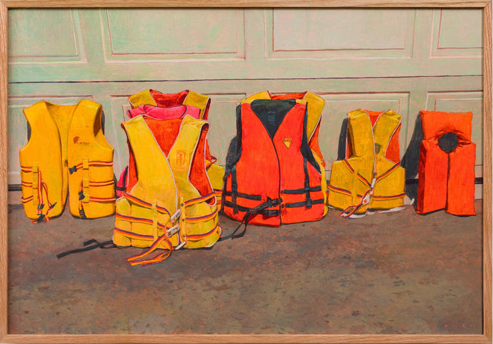 The Craigslist Still Life 11 framed painting, showcasing vibrant life jackets and a flotation device on a light wall, is available as the Charity Postcard - Pat Perry from the Pat Perry brand. The life jackets, in yellow, orange, and red shades with various designs, create an artful tableau.