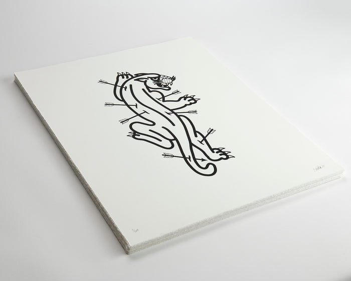 A limited edition screen print from the Christopher Martin - Two print set lies flat, showcasing a stylized panther pierced by arrows in bold black outlines. This striking illustration resembles a traditional tattoo, embodying the artistic vision of Christopher Martin.
