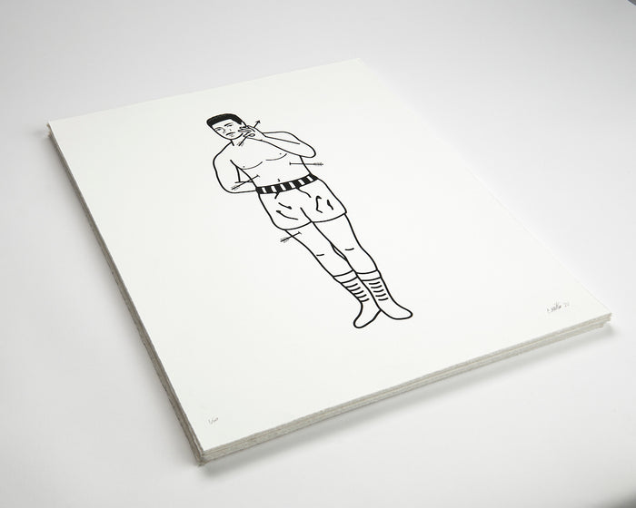 The limited edition screen print Christopher Martin - Two print set features a male boxer in shorts and boots, combing his hair. Its set against a plain background on white paper, showcasing the dynamic style typical of Panther & Arrows collections.