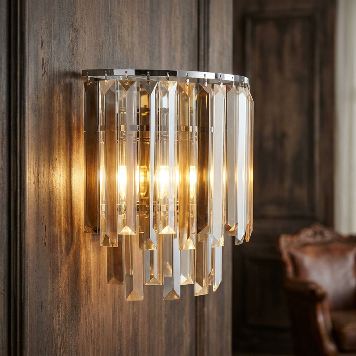 Clarissa wall light featuring cascading amber crystal prisms mounted on a dark wood wall.