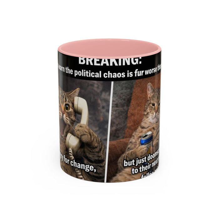 Coffee Mug - Funny Cat ‘Breaking: Politics Are Just Déjà Vu’ Meme Accent Mug (11/15oz) - FloofChonk